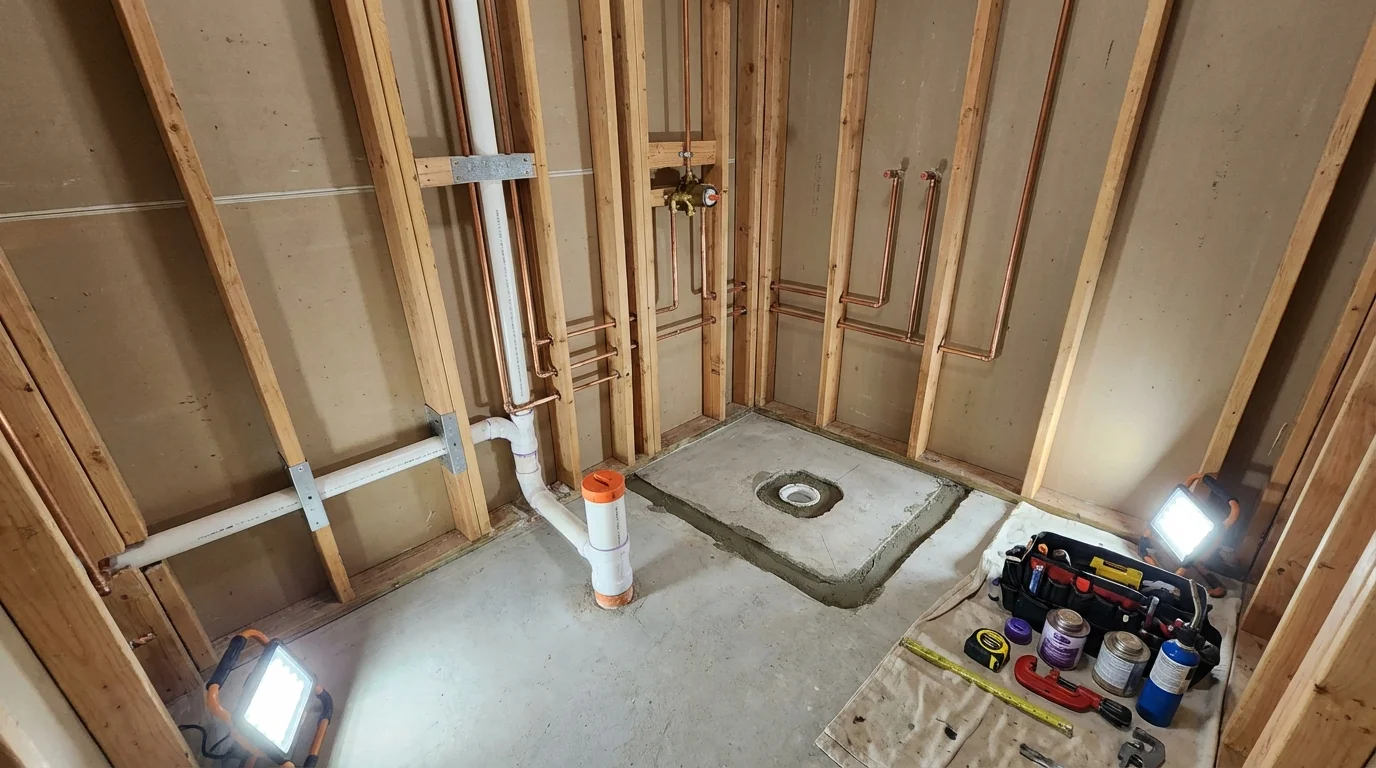 Bathroom rough-in plumbing during remodel by Johns Plumbing LLC in Hollis