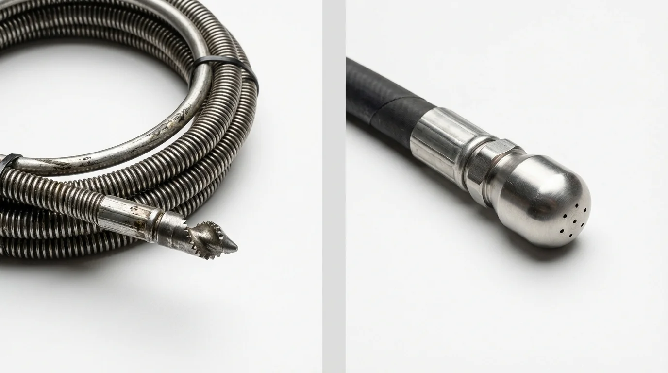 Drain snake cable and hydro jetting nozzle used for drain cleaning in Hollis, NH