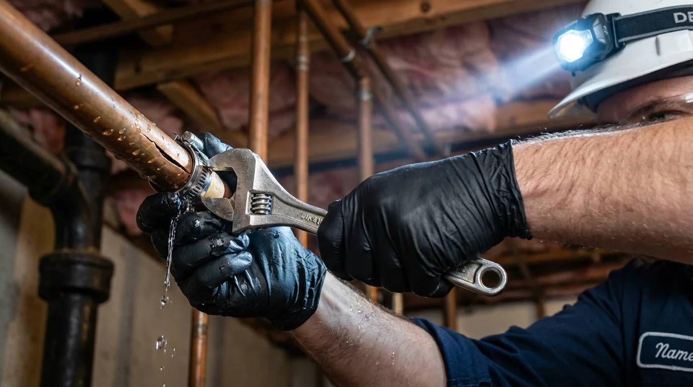 Emergency pipe clamp repair being performed by a Johns Plumbing LLC plumber in Hollis
