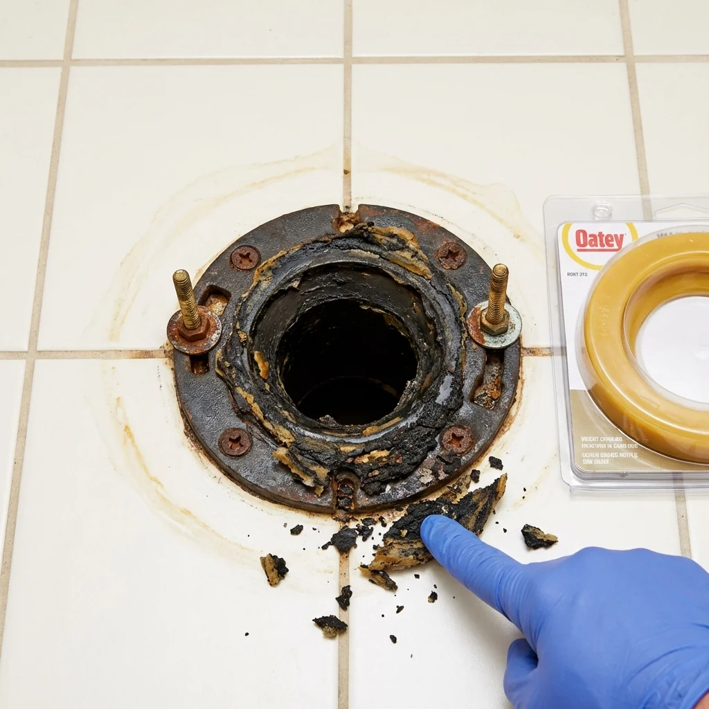Failed wax ring showing water seepage at the base of a toilet in a Hollis, NH home