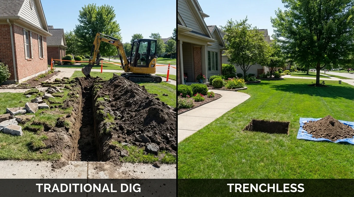 Trenchless sewer repair with minimal yard damage versus traditional excavation in Hollis, NH