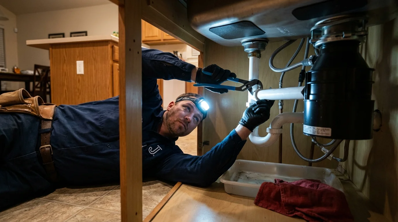 P-trap and supply line connections under a kitchen sink showing a common leak point in Hollis, NH